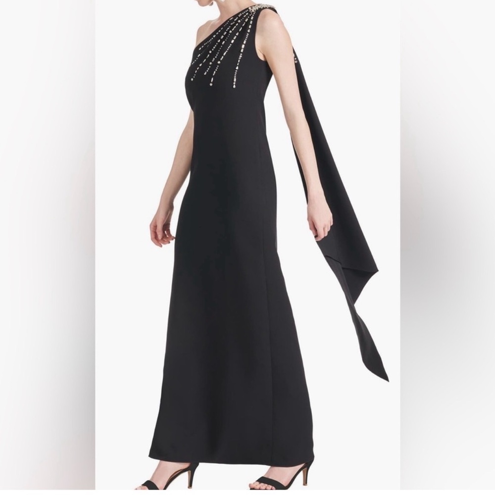 New Sachin & Babi Black Leslie Beaded Drape One Shoulder Crepe Gown In Size 14 - Picture 3 of 8